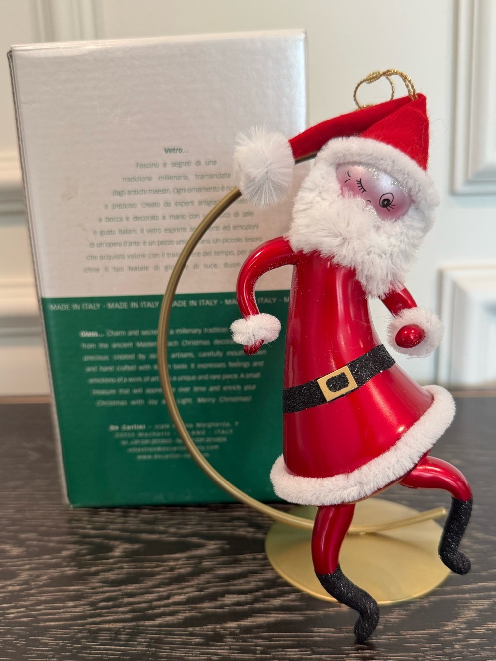 De Carlini Italian Glass Ornament skating Santa